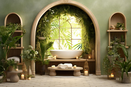 Bathroom interior with bathtub and green plantsの素材