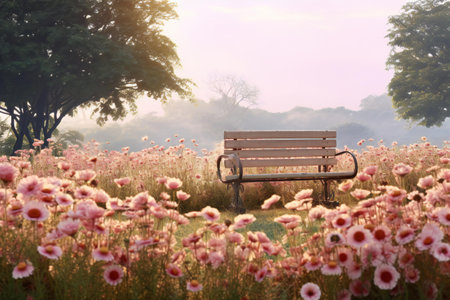 Bench in the meadow with pink cosmos flowers in vintage style.の素材