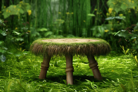 straw stool in the garden with grass and flowers.の素材