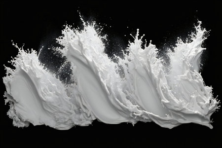 White paint splash isolated on black background.の素材