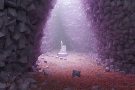 Mysterious halloween scene with a girl standing in the middle of a stone corridorの素材
