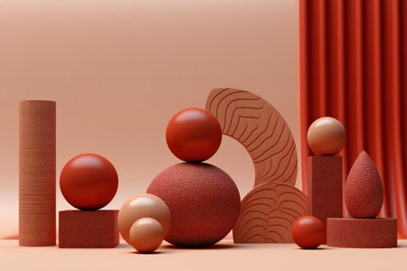 abstract minimal geometric forms. Glossy red podium for product presentation.の素材