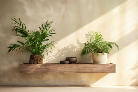 wooden shelf with houseplants in pots on beige wallの素材