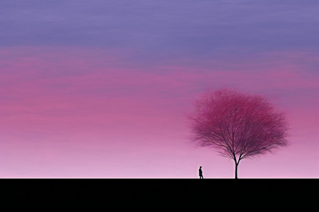 Silhouette of a man and a tree with pink sky backgroundの素材