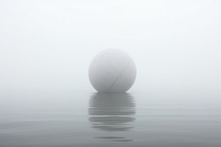 White ball floating in the water with a misty sky background.の素材