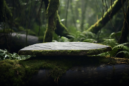 Empty stone platform in the forest with moss and ferns.の素材