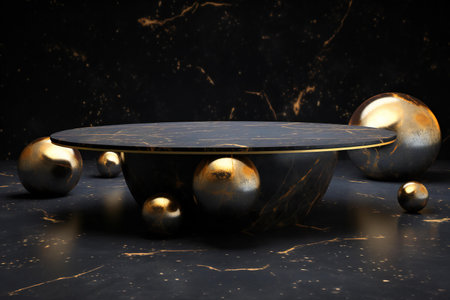 Black marble stage with gold balls on dark background.の素材