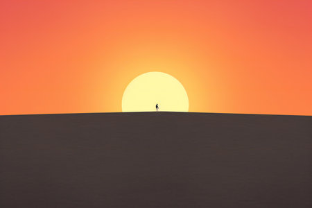 Silhouette of a man on top of sand dunes at sunsetの素材