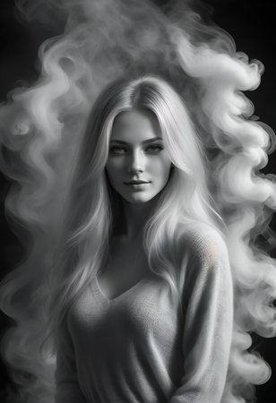 Portrait of a beautiful blonde girl with long hair and smoke on a black backgroundの素材