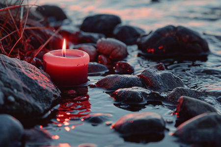 Red burning candle on a black stone in the water with reflection.の素材