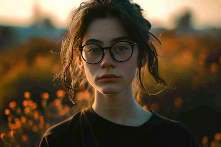 Portrait of a beautiful young girl with glasses in the field.の素材