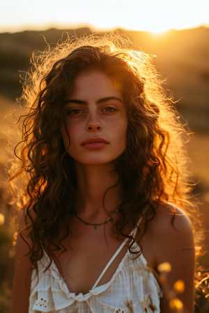 Portrait of a beautiful young woman with curly hair in a field at sunsetの素材