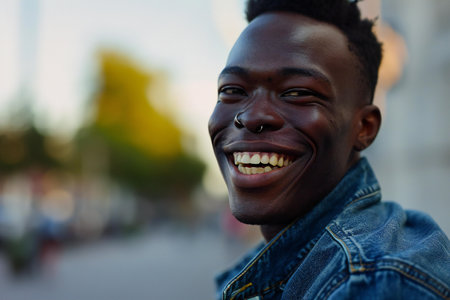 Close up portrait of a young african american man smiling outdoorsの素材