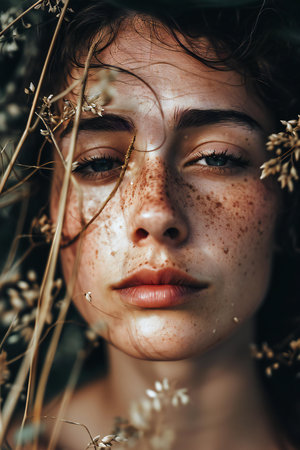 Closeup portrait of a beautiful young woman with freckles on her faceの素材