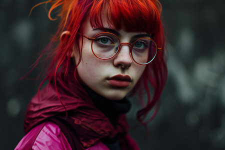 Close-up portrait of a beautiful red-haired girl with glasses.の素材