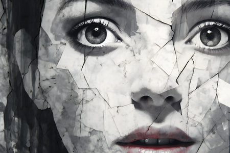 Close-up portrait of beautiful young woman face with cracked wall.の素材