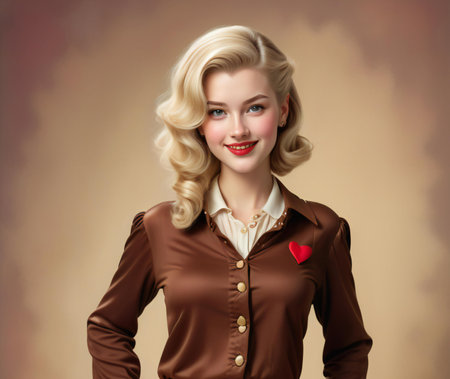 Portrait of beautiful young blonde woman with red heart in her handの素材