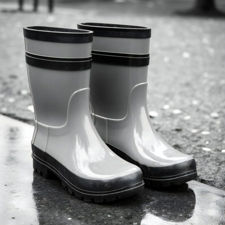 Pair of black and white rubber boots standing on the wet asphaltの素材