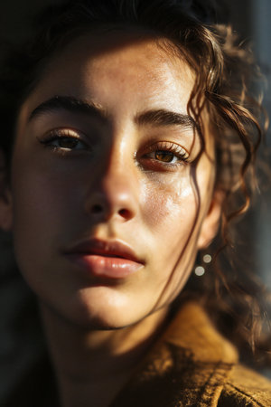 Portrait of a beautiful young woman with curly hair and brown eyesの素材