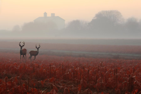 Deer in the morning mist at a cornfield in the Netherlandsの素材
