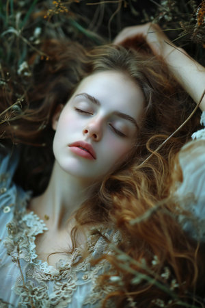 Portrait of a beautiful young woman with long curly hair lying on the grassの素材