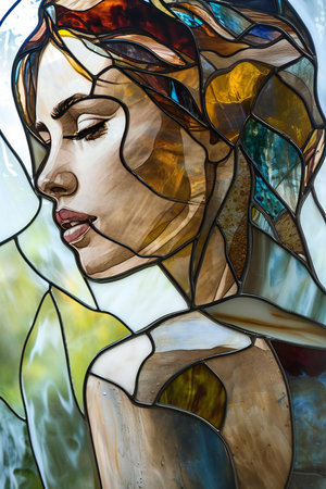 Detail of a stained glass window in the Basilica of the Sacred Heart of Jesus in Zagreb, Croatiaの素材