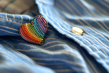 Colorful heart on blue striped shirt. Shallow depth of field.の素材