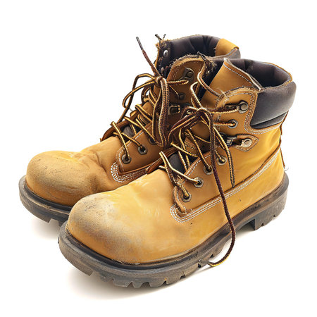 Pair of hiking boots isolated on white backgroundの素材
