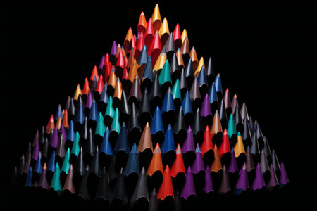 Colored pencils in a pyramid shape on a black background.の素材
