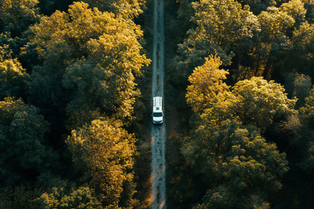 Aerial view of a truck driving through the forest during sunset.の素材