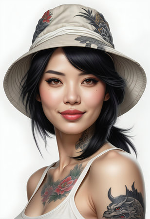Beautiful asian woman with tattoos on her arms and wearing a hatの素材