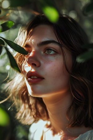 Portrait of a beautiful young woman in the garden. Beauty, fashion.の素材
