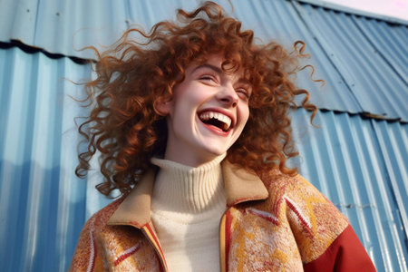 Portrait of a beautiful young woman with curly red hair in a yellow coat.の素材