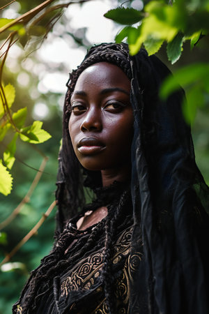 Beautiful african american woman in black dress posing in the forestの素材