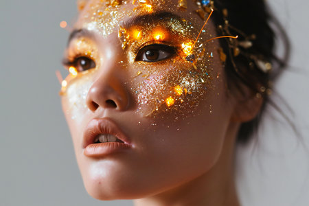 Portrait of a beautiful girl with golden make-up and sparklesの素材