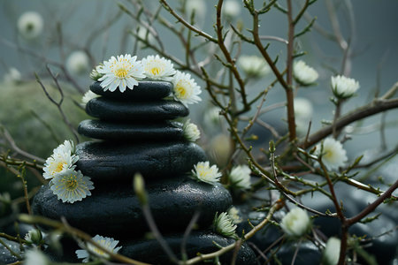 Spa stones with white daisies on dark background. Zen conceptの素材