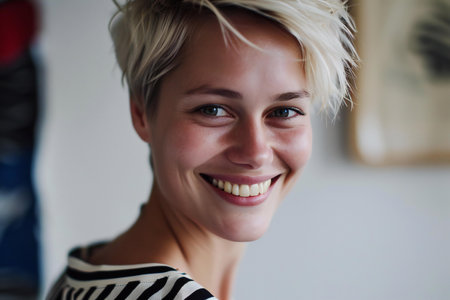 Portrait of a beautiful smiling young woman with short blond hair.の素材