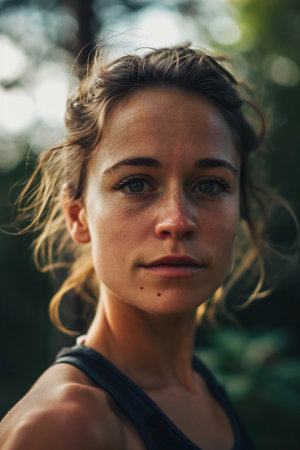 Portrait of a young woman in the forest. Focus on the face.の素材