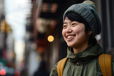 Smiling asian woman in the street of Tokyo, Japan.の素材