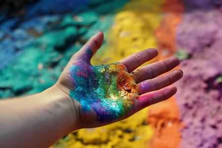 Hands of a child covered with multicolored holi powderの素材