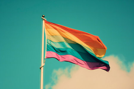 Gay pride flag waving in the wind against a blue sky - retro styleの素材