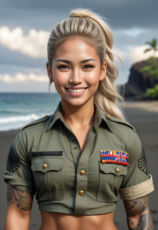 Beautiful asian woman in military uniform on the beach in Hawaiiの素材
