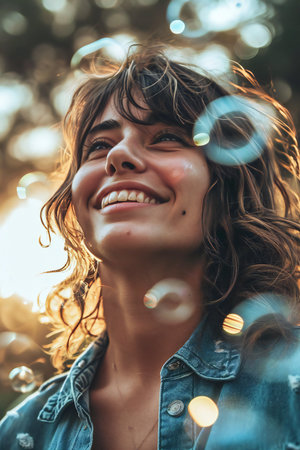 Portrait of a beautiful young woman in a park on a sunny dayの素材