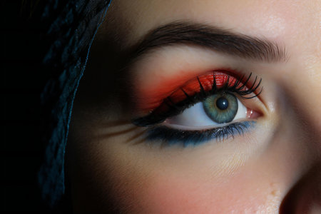 Close-up of beautiful woman's eye with red make-upの素材