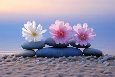 Spa stones and flowers on the sea background. Zen concept.の素材