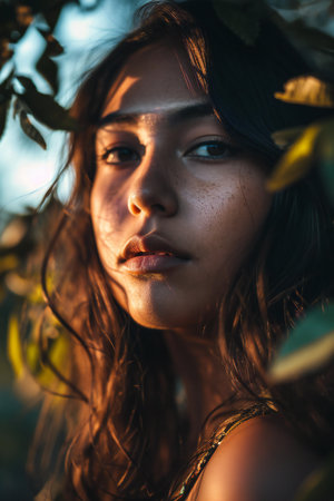 Portrait of a beautiful brunette girl in the autumn forest.の素材