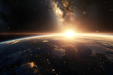 View of the planet Earth from space during a sunriseの素材