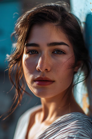 Portrait of a beautiful young woman with long brown hair and blue eyesの素材
