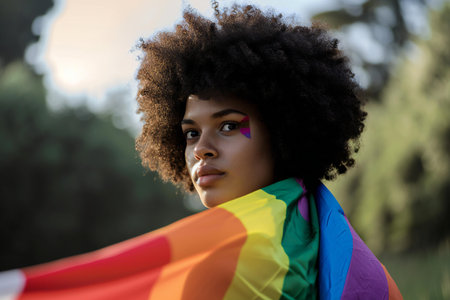 african american young woman with rainbow flag in hand looking awayの素材