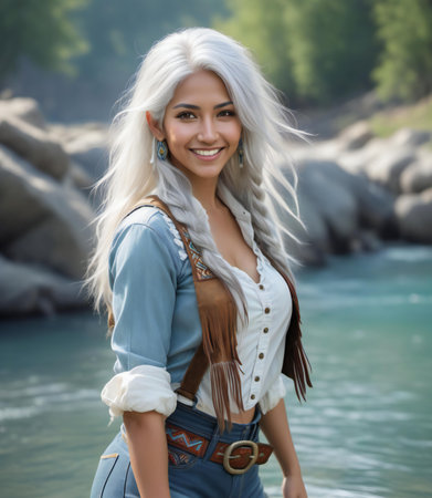 Beautiful girl in boho style posing on the river bank.の素材